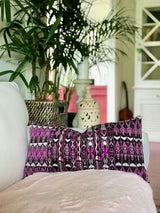 Guatemalan Textile Pillow, vintage hand woven purple striped ikat lumbar cushion