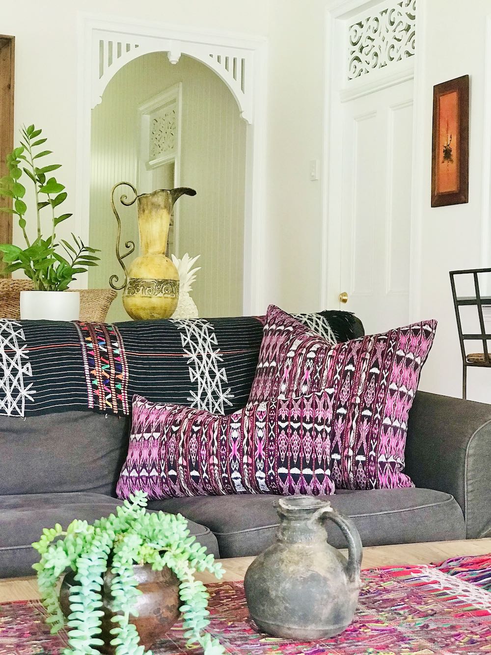 Guatemalan Textile Pillow, vintage hand woven purple striped ikat lumbar cushion