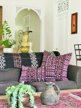 Guatemalan Textile Pillow, vintage hand woven purple striped ikat lumbar cushion