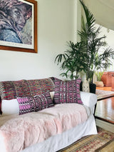 Guatemalan Textile Pillow, vintage hand woven purple striped ikat lumbar cushion