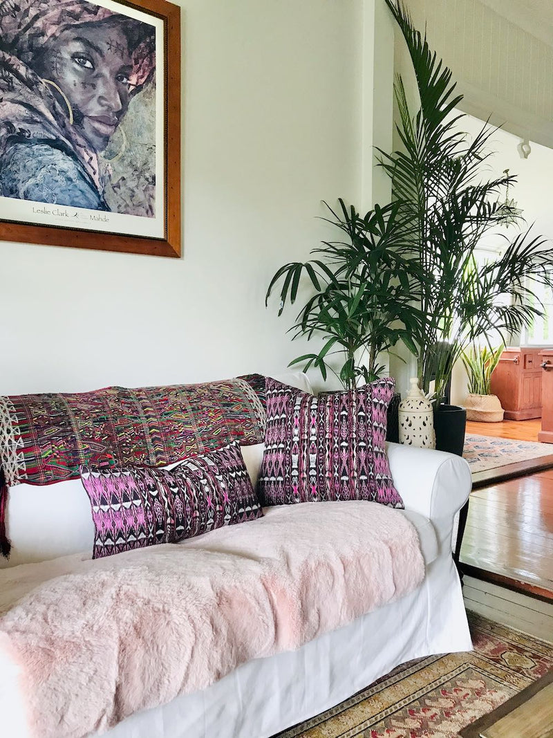 Guatemalan Textile Pillow, vintage hand woven purple striped ikat lumbar cushion