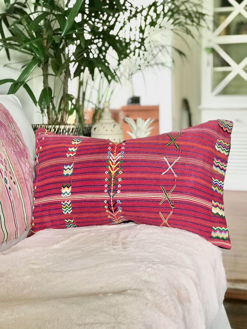 Guatemalan Textile Pillow, vintage, hand woven pink and purple embroidered striped cushion from Colotenango