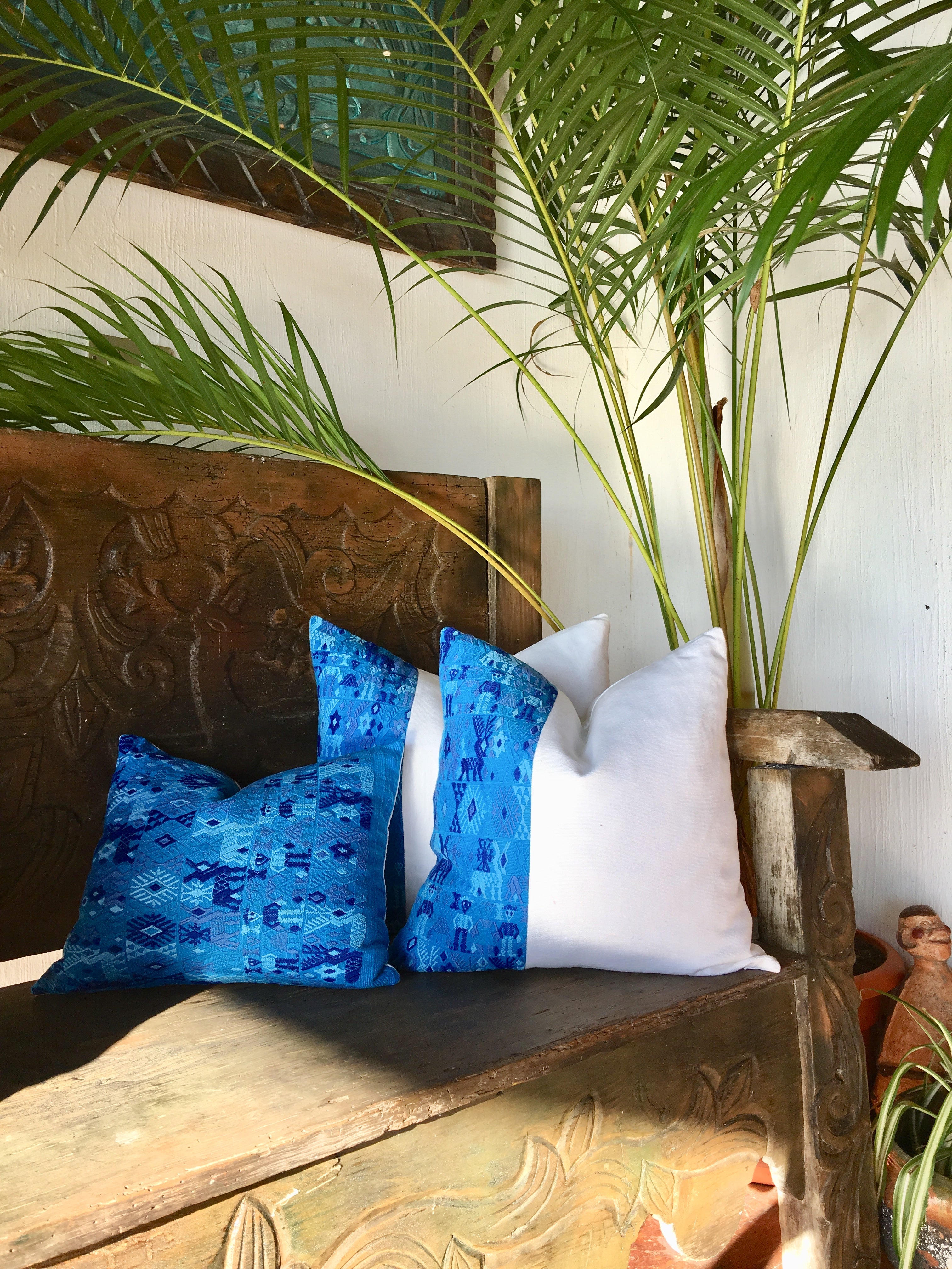 Guatemalan Huipil Pillow, vintage, hand woven blue and white throw cushion from Coban