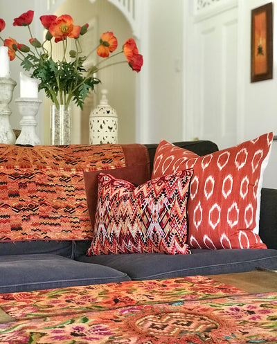 Guatemalan Huipil Textile Pillow, vintage, hand woven red lumbar cushion from Santa Maria de Jesus