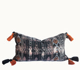 Guatemalan Textile Pillow, vintage, hand woven black and orange ikat lumbar cushion with tassels