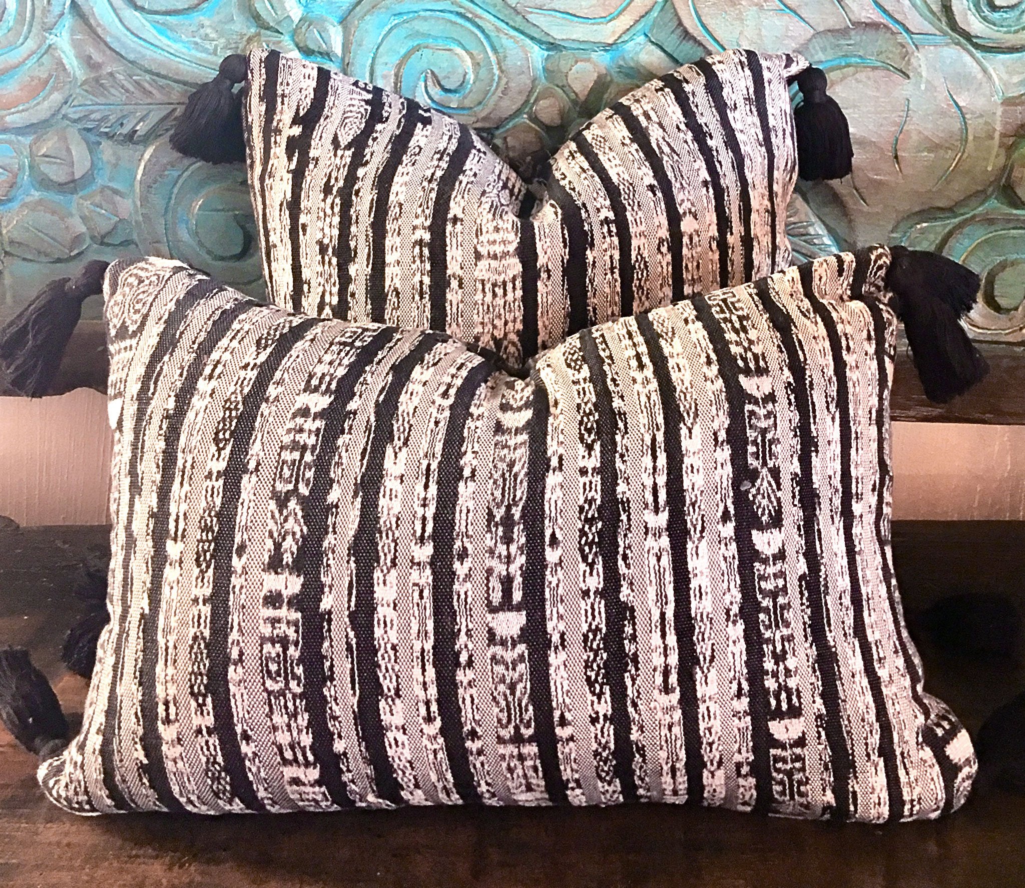 Guatemalan Textile Pillow, vintage, hand woven black and white double sided striped ikat lumbar cushion with tassels
