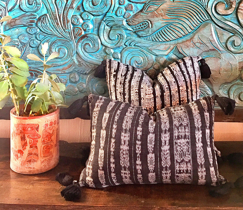 Guatemalan Textile Pillow, vintage, hand woven black and white double sided striped ikat lumbar cushion with tassels