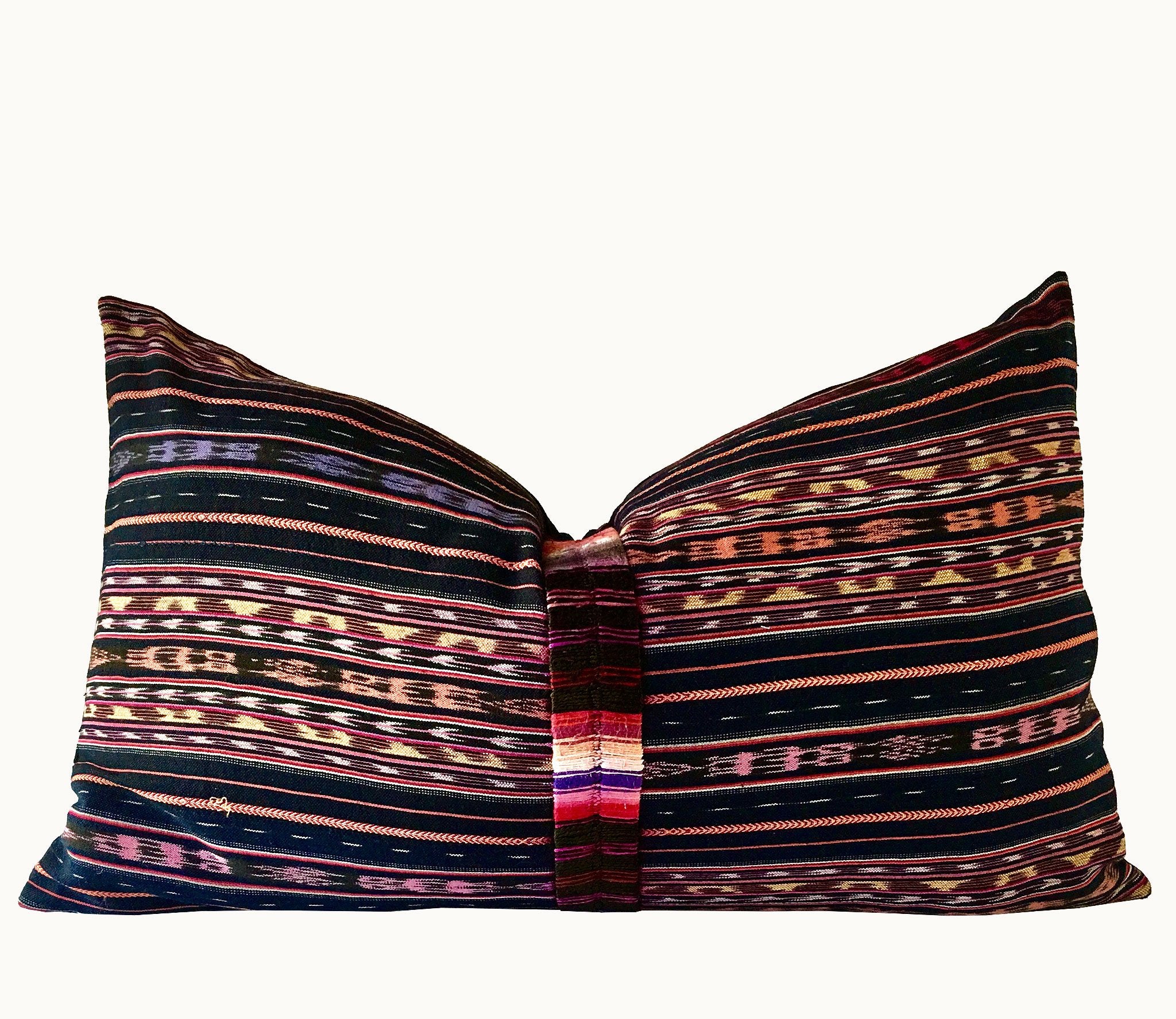 Guatemalan Textile Pillow, vintage, hand woven navy blue and pink striped ikat lumbar cushion