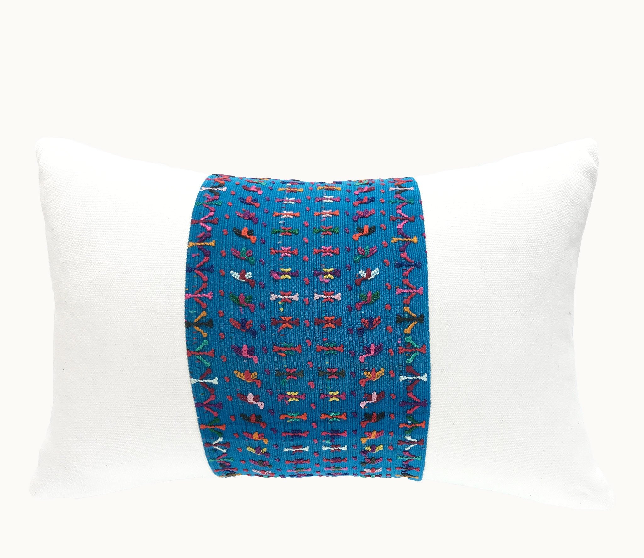 Guatemalan Huipil Pillow, blue and white lumbar cushion from San Lucas
