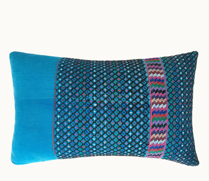 Guatemalan Huipil Pillow, blue and white lumbar cushion from San Lucas