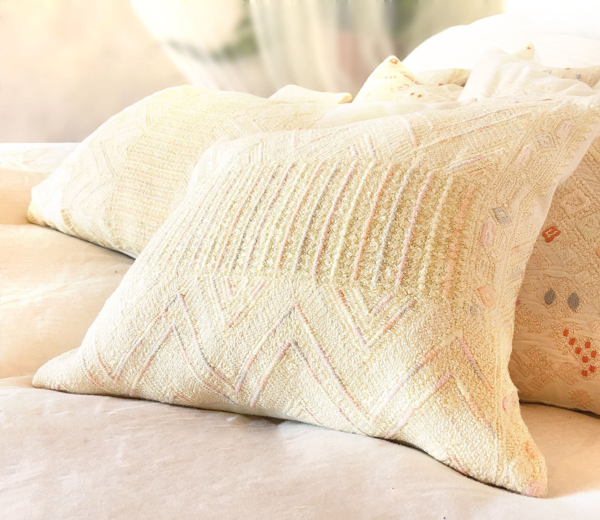 Guatemalan Huipil Pillow, vintage, hand woven pale yellow lumbar cushion from Nahuala