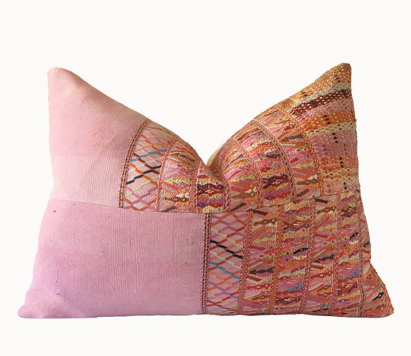 Guatemalan Huipil Pillow, vintage, hand woven pink lumbar cushion from San Juan Cotzal 