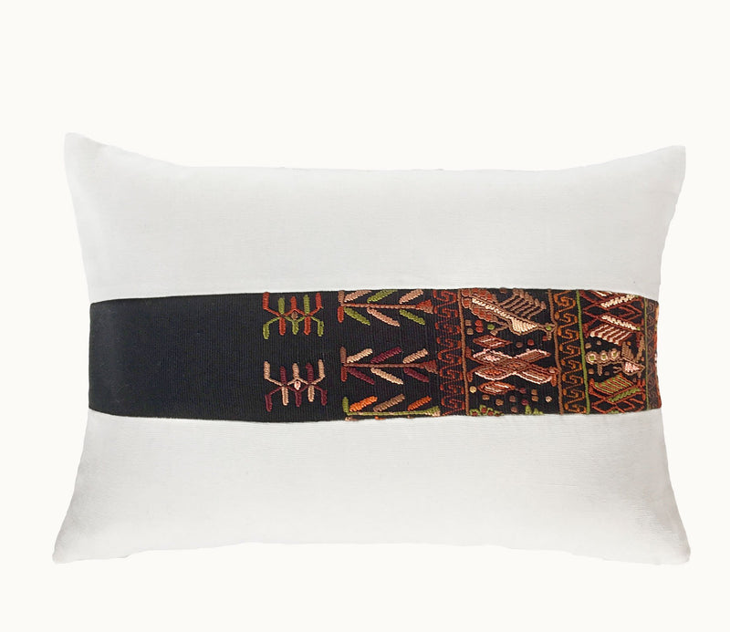 Guatemalan Huipil Pillow, vintage, hand woven black and white lumbar cushion from Santa Catarina