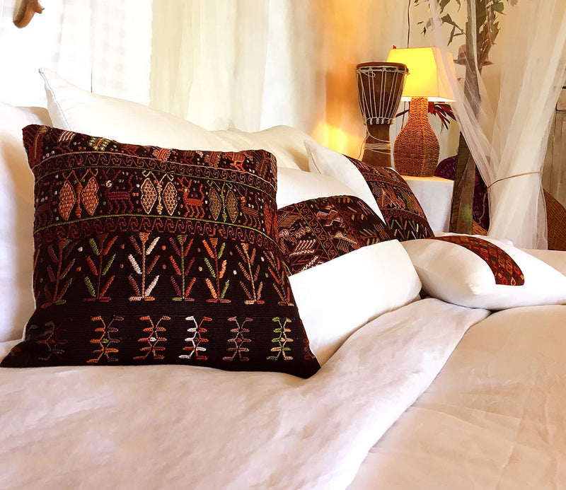Guatemalan Huipil Pillow, vintage, hand woven black and white lumbar cushion from Santa Catarina