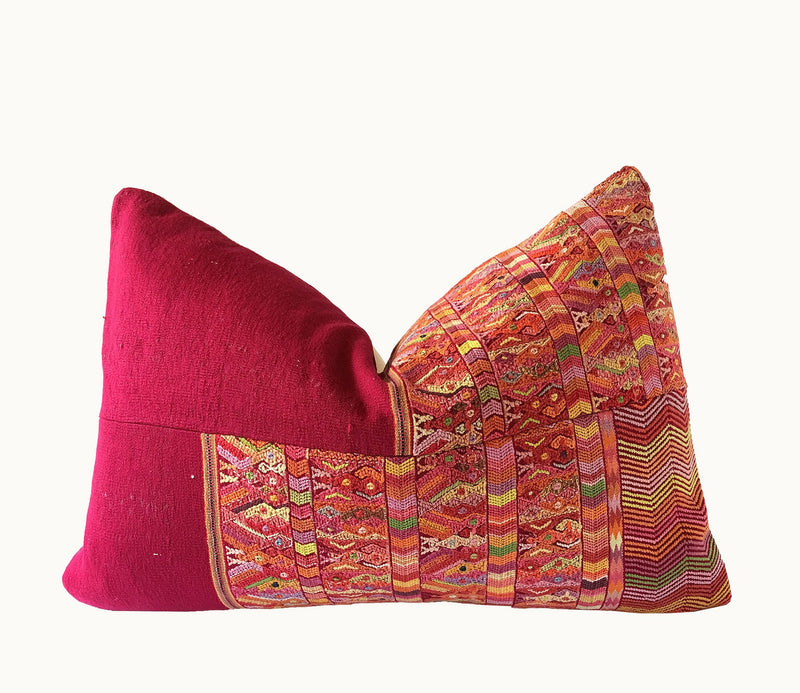 Guatemalan Huipil Pillow, vintage, hand woven warm red lumbar cushion from San Juan Cotzal