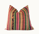 Guatemalan Textile Pillow, vintage, hand woven pink, green, yellow striped ikat throw cushion