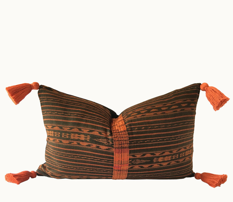 Guatemalan Textile Pillow, vintage, hand woven, black and orange striped lumbar cushion with tassels