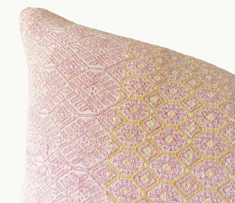 Guatemalan Huipil Pillow, vintage, hand woven blush pink lumbar cushion from Nahuala 