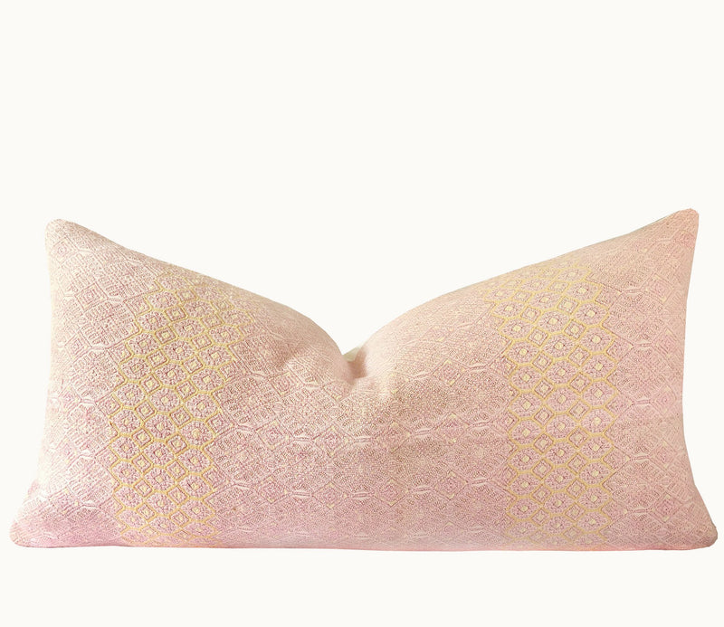 Guatemalan Huipil Pillow, vintage, hand woven blush pink lumbar cushion from Nahuala 