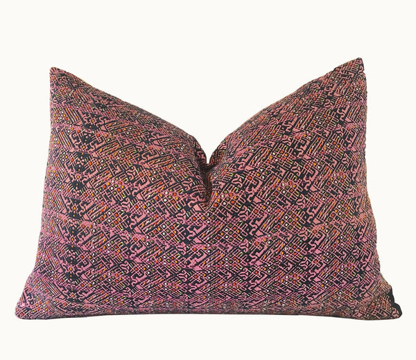 Guatemalan Huipil Pillow, vintage, hand woven fuchsia lumbar cushion from Nahuala 