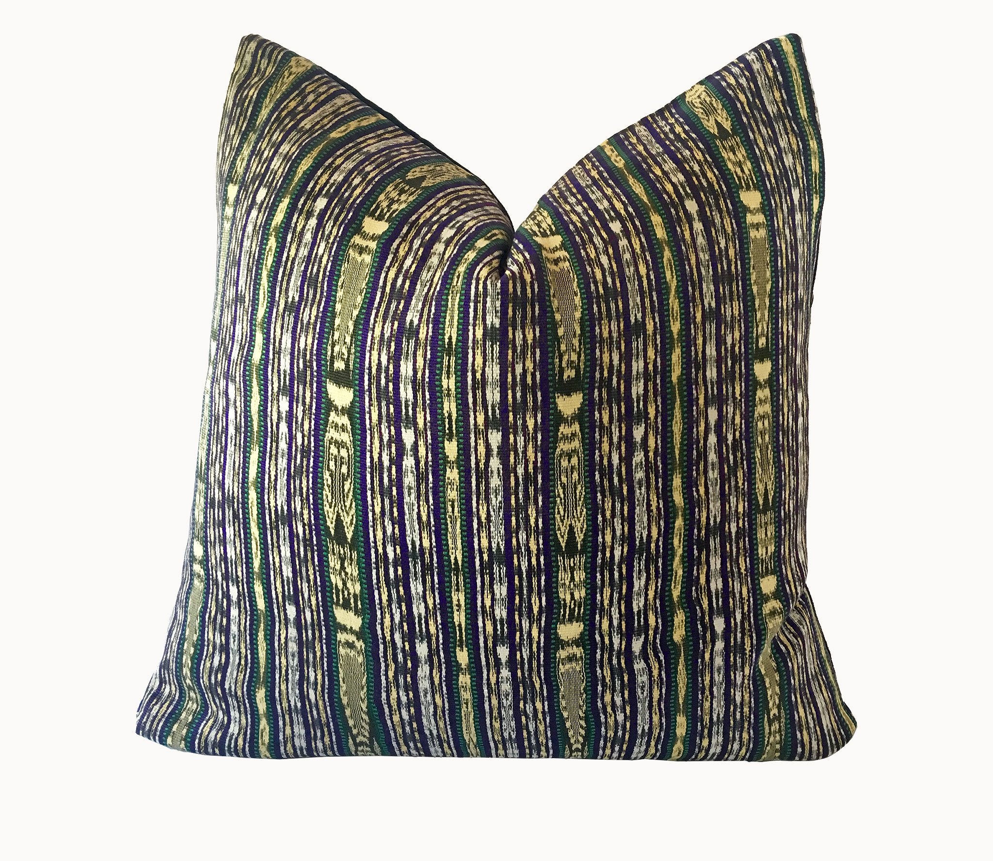 Guatemalan Textile Pillow, vintage, hand woven blue and yellow striped ikat throw cushion