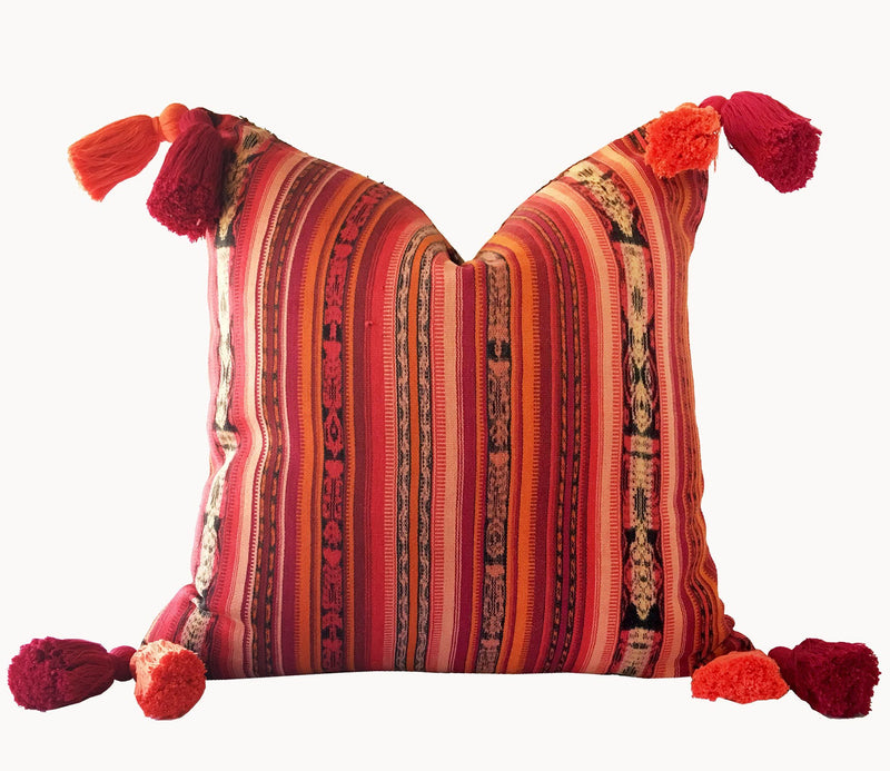 Guatemalan Corte Pillow, vintage, hand woven pink and coral striped ikat throw cushion with tassels