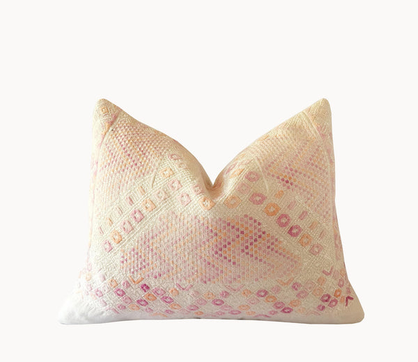 Guatemalan Huipil Pillow, vintage, hand woven pastel pink lumbar cushion fromthrowNahuala 