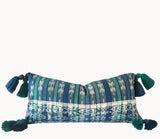 Guatemalan Textile Pillow, vintage, hand woven blue and white ikat lumbar cushion with tassels