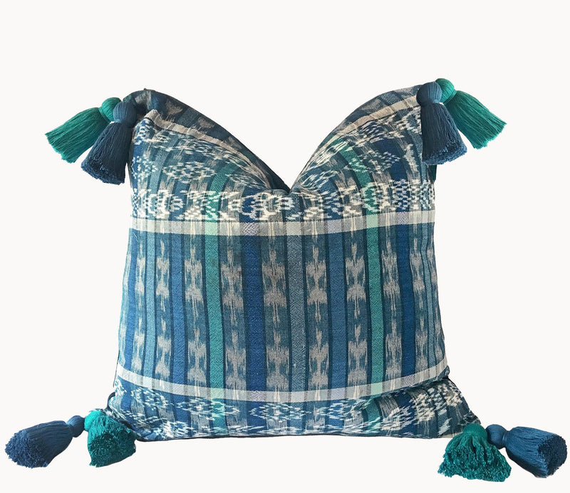 Guatemalan Textile Pillow, vintage, hand woven blue and white ikat throw cushion with tassels