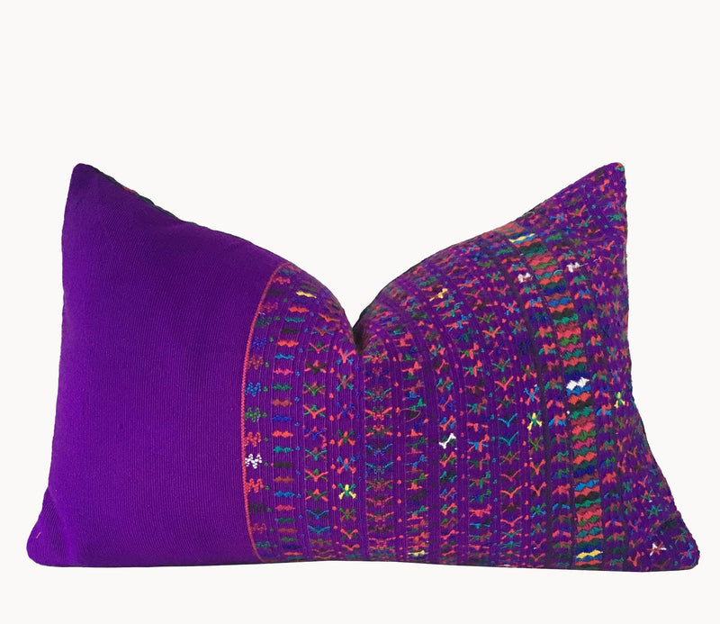 Guatemalan Huipil Pillow, vintage, hand woven bright purple lumbar cushion from San Lucas