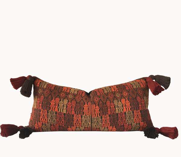 Guatemalan Huipil Pillow, vintage, hand woven brown and orange lumbar cushion from Xela