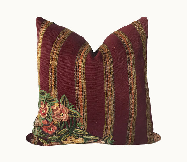 Guatemalan Huipil Pillow, vintage, hand woven burgundy floral and striped throw cushion from Patzun