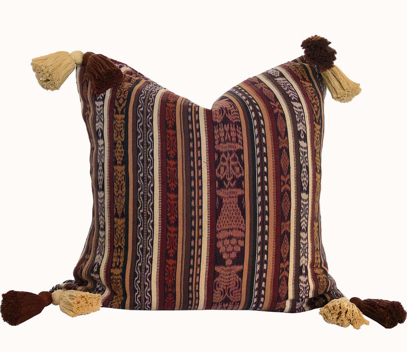 Guatemalan Textile Pillow, vintage, hand woven brown striped ikat throw cushion with tassels