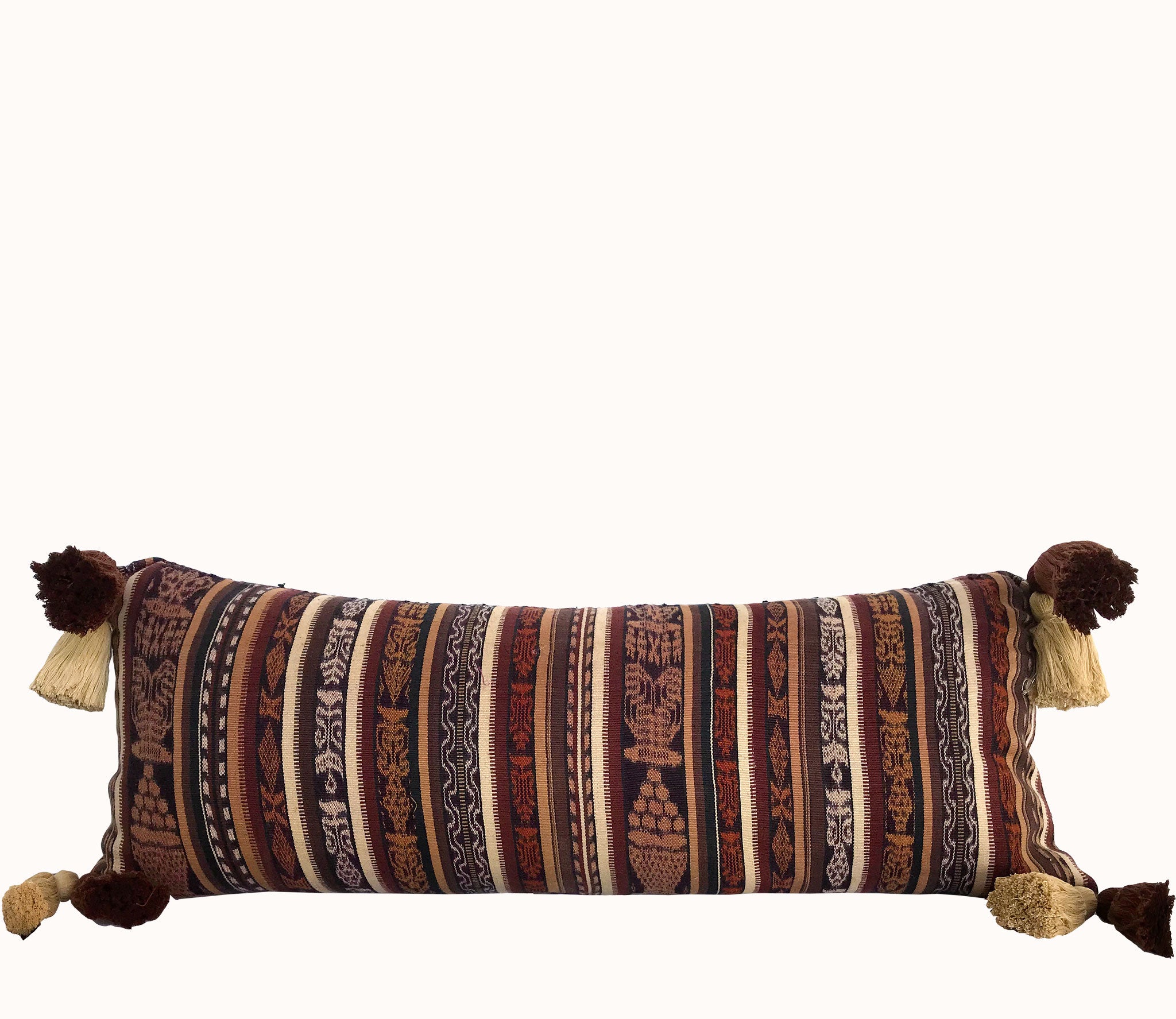 Guatemalan Textile Pillow, vintage, hand woven brown striped ikat lumbar cushion with tassels