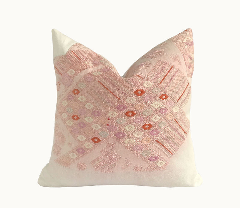 Guatemalan Huipil Pillow, vintage, hand woven pink and white throw cushion from Nahuala