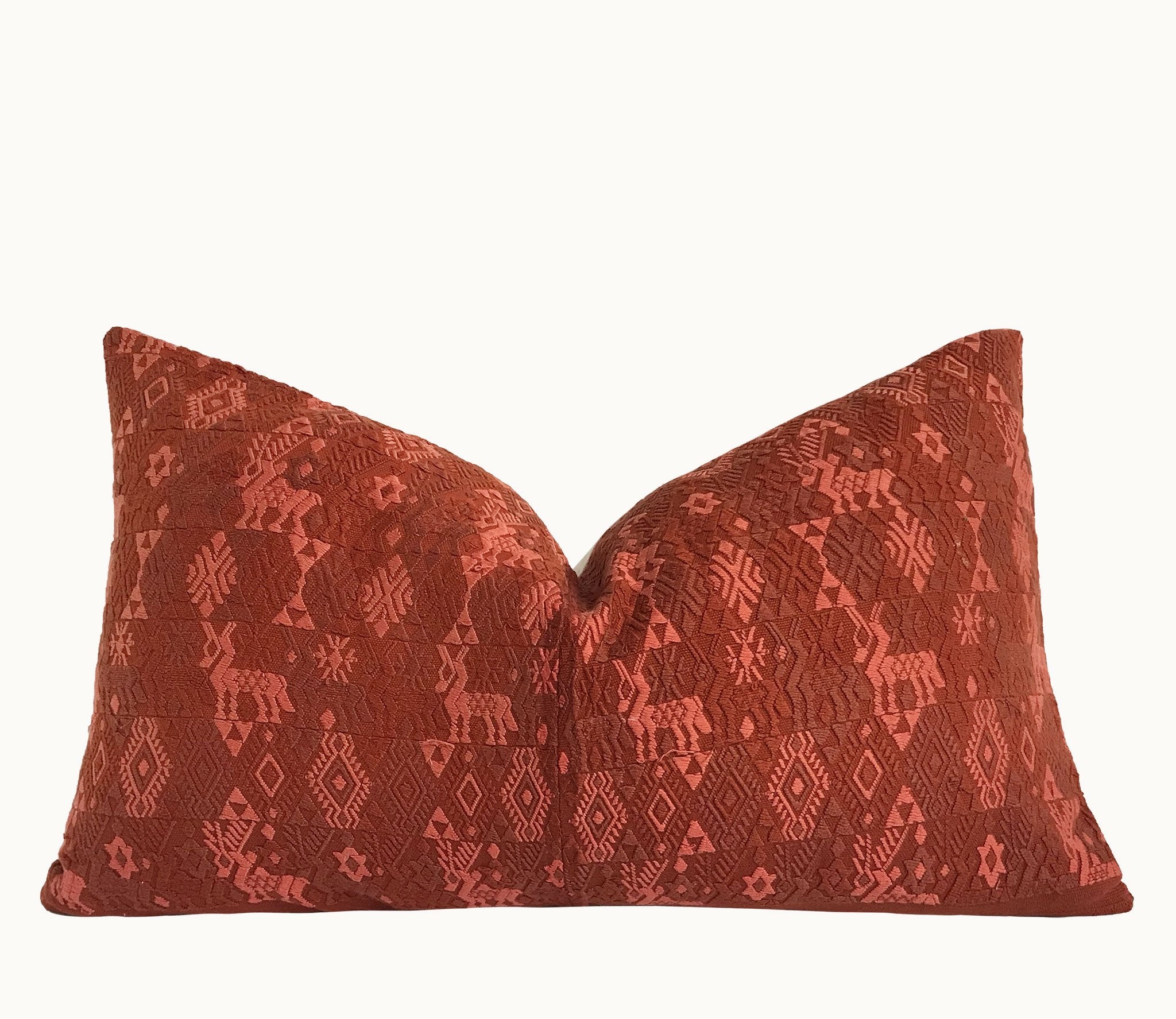 Guatemalan Huipil Pillow, vintage, hand woven orange brown lumbar cushion from Coban