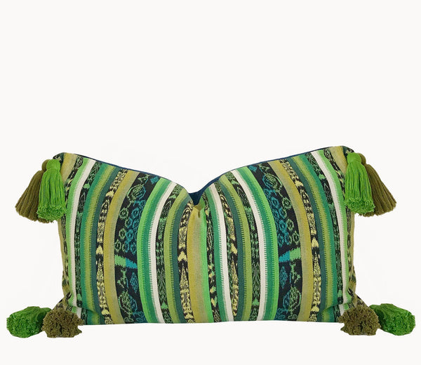 Guatemalan Corte Pillow, vintage, hand woven green striped ikat lumbar cushion with tassels