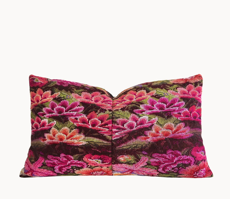 Guatemalan Huipil Pillow, Vintage, hand woven coral and fuchsia floral lumbar cushion from Chichicastenango