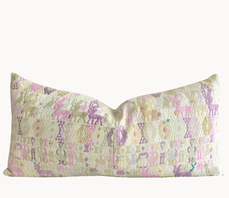 Guatemalan Huipil Pillow, vintage, hand woven pale purple and mauve lumbar cushion from Coban