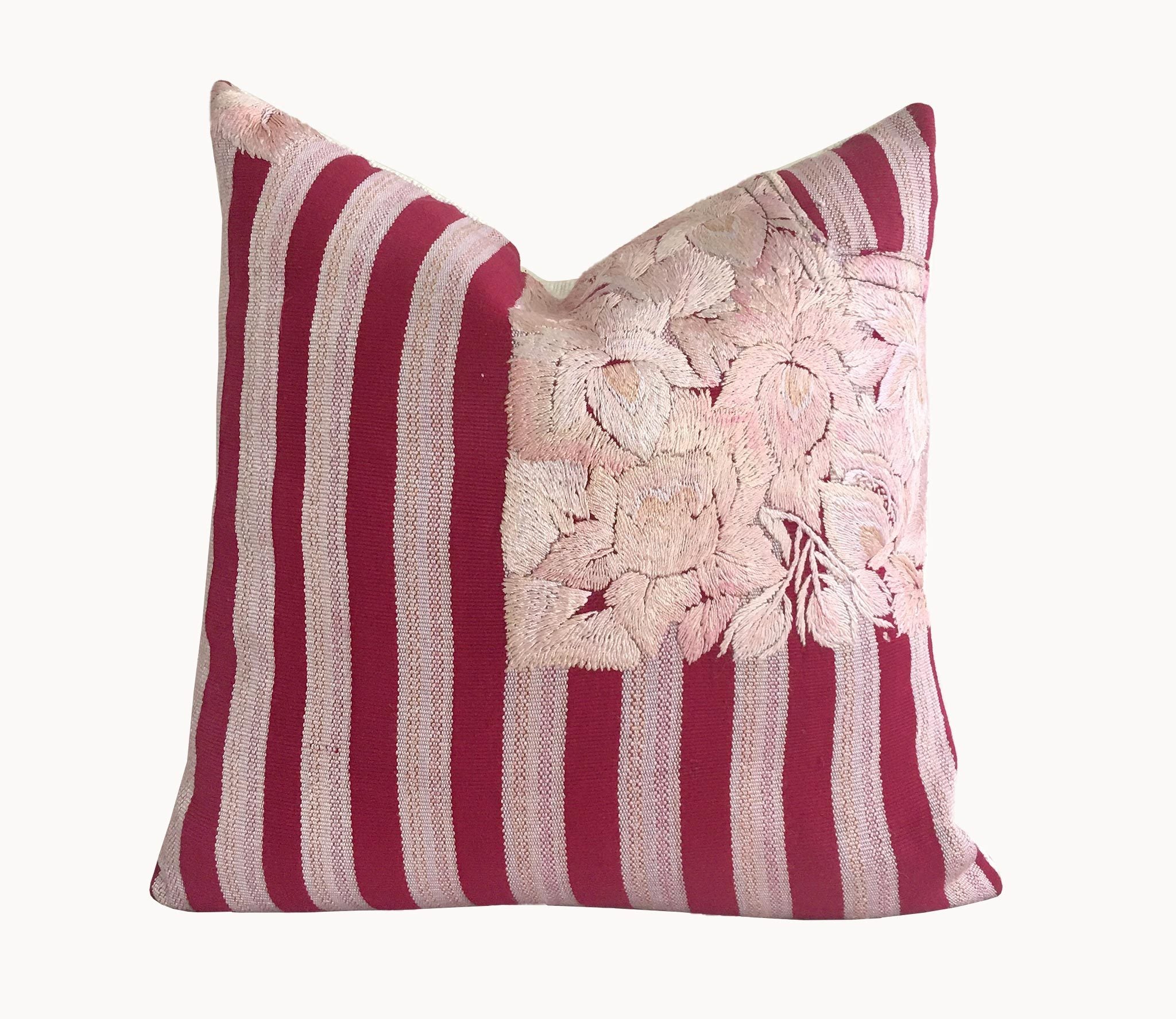 Guatemalan Huipil Pillow, vintage, hand woven red and pink striped floral throw cushion from Patzun