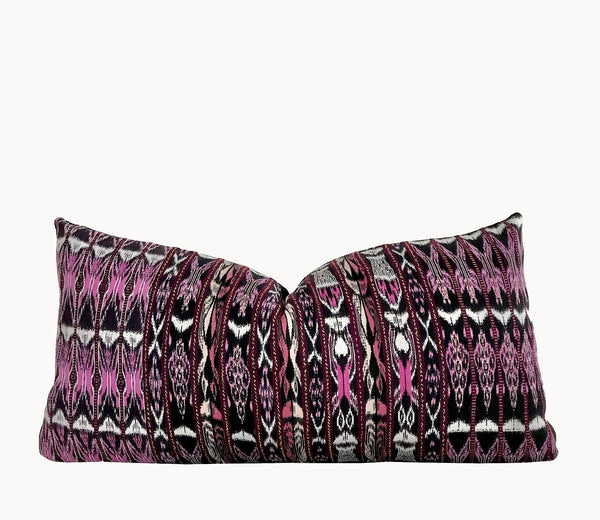 Guatemalan Textile Pillow, vintage hand woven purple striped ikat lumbar cushion