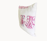 Guatemalan Huipil Pillow, vintage, hand woven pink, purple and white throw cushion from Chajul