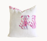 Guatemalan Huipil Pillow, vintage, hand woven pink, purple and white throw cushion from Chajul