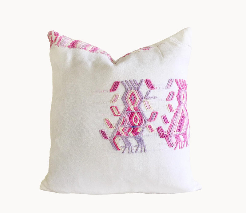 Guatemalan Huipil Pillow, vintage, hand woven pink, purple and white throw cushion from Chajul