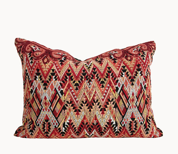 Guatemalan Huipil Textile Pillow, vintage, hand woven red lumbar cushion from Santa Maria de Jesus