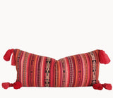 Guatemalan Corte Pillow, hand woven pink and coral striped ikat lumbar cushion with tassels