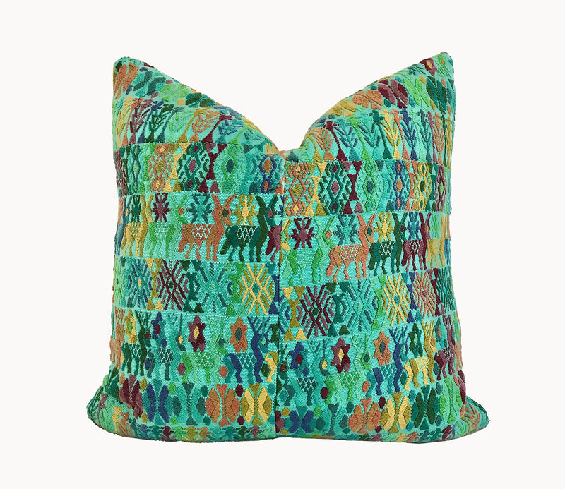 Guatemalan Huipil Pillow, vintage, hand woven colourful turquoise embroidered lumbar cushion from Coban