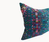 Guatemalan Huipil Pillow, Vintage, hand woven teal embroidered lumbar cushion from San Lucas