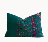 Guatemalan Huipil Pillow, Vintage, hand woven teal embroidered lumbar cushion from San Lucas