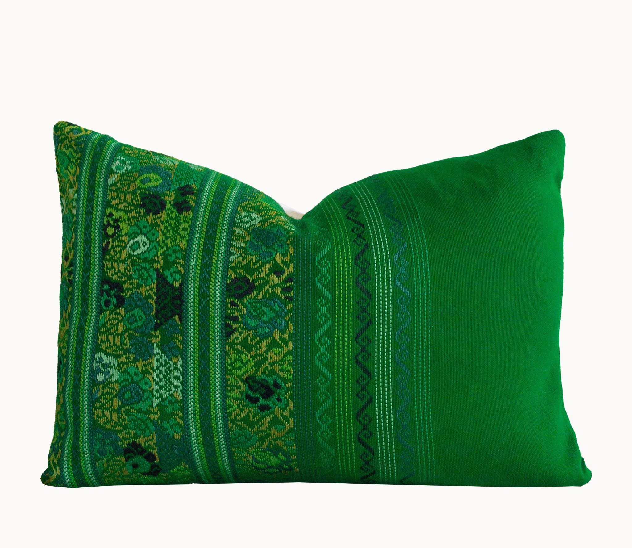 Guatemalan Huipil Pillow, Vintage, hand woven green floral lumbar cushion from Comolapa 